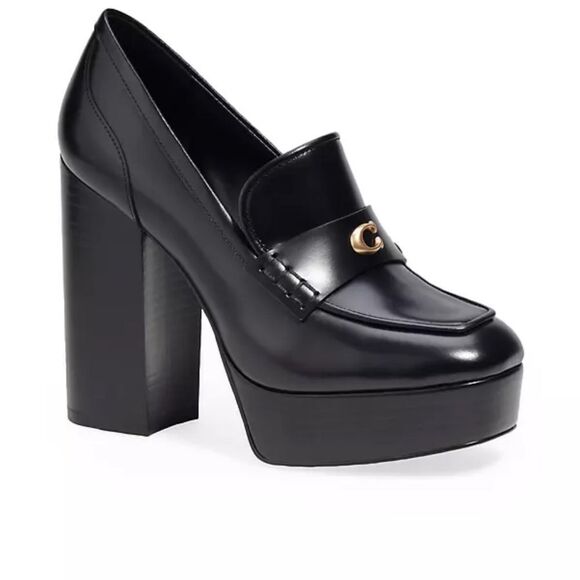 Nwt COACH Ilyse 120MM Leather Platform Loafers Black - Picture 1 of 10